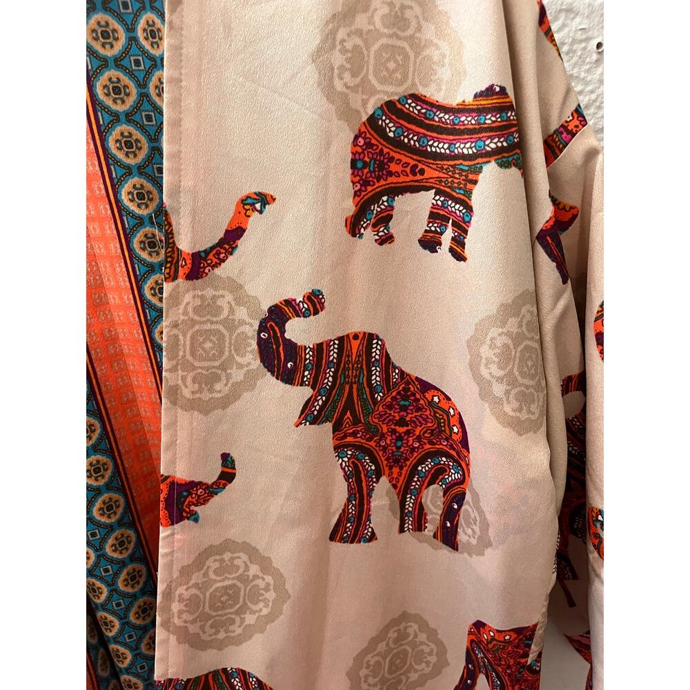 Boho Elephant Print Kimono Cardigan Open Front Paisley Festival Cover Up Large - Picture 6 of 7